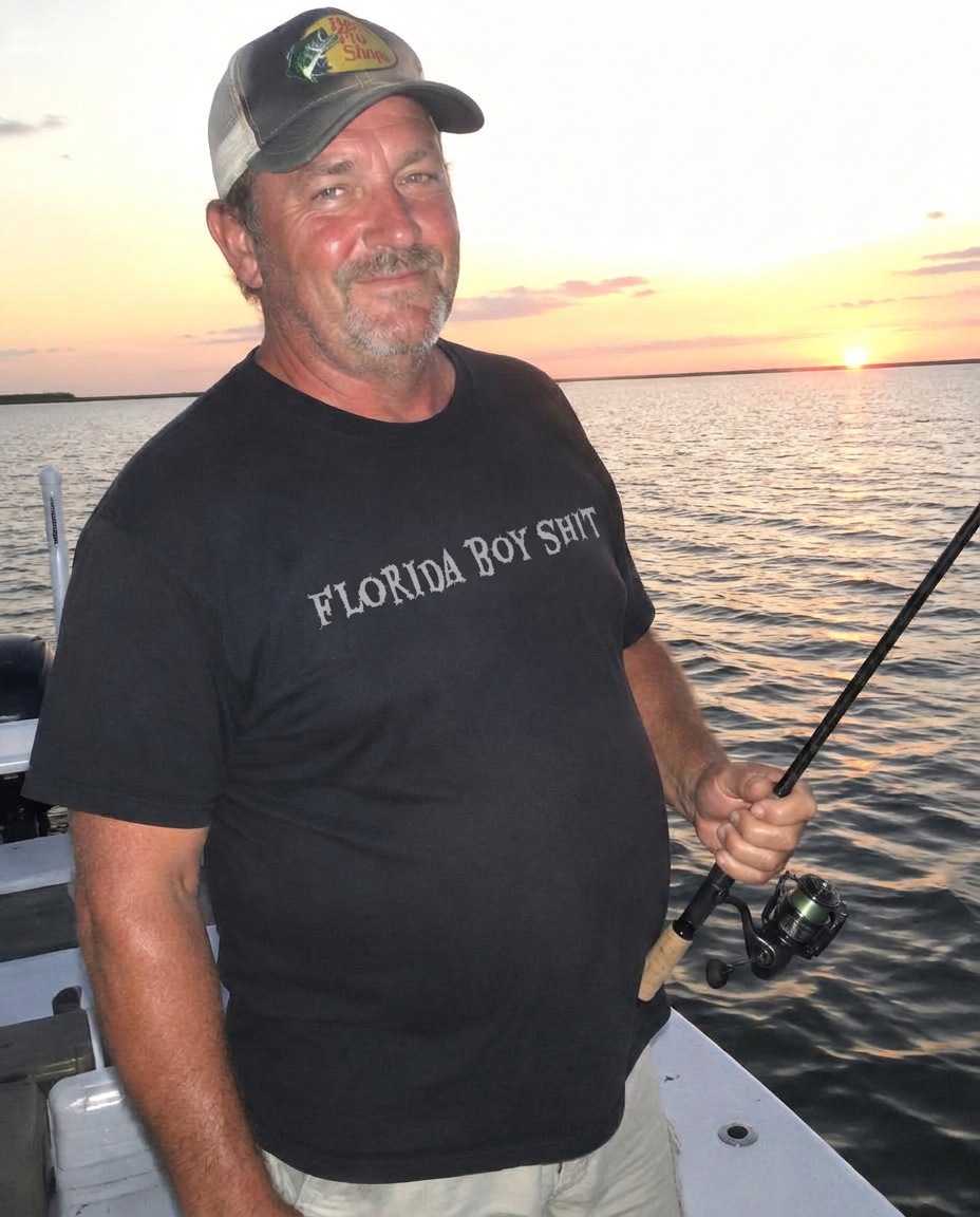 Black FBS tee fishing off a flats boat at sunset