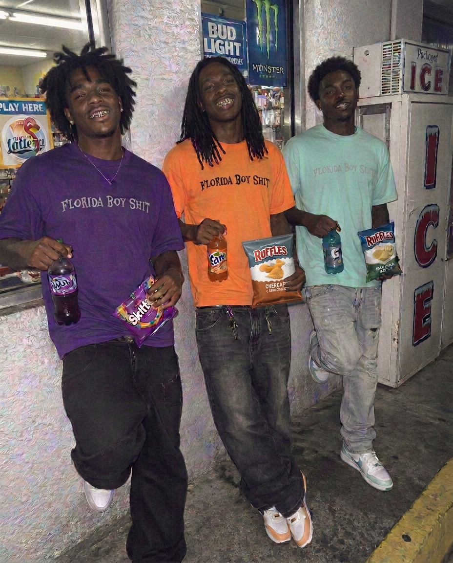 Grape, Melon, and Black FBS tees with donk lowriders at dusk