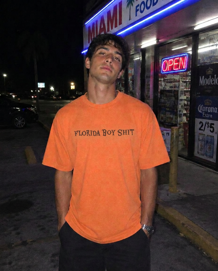 Melon FBS tee outside a Miami corner store at night